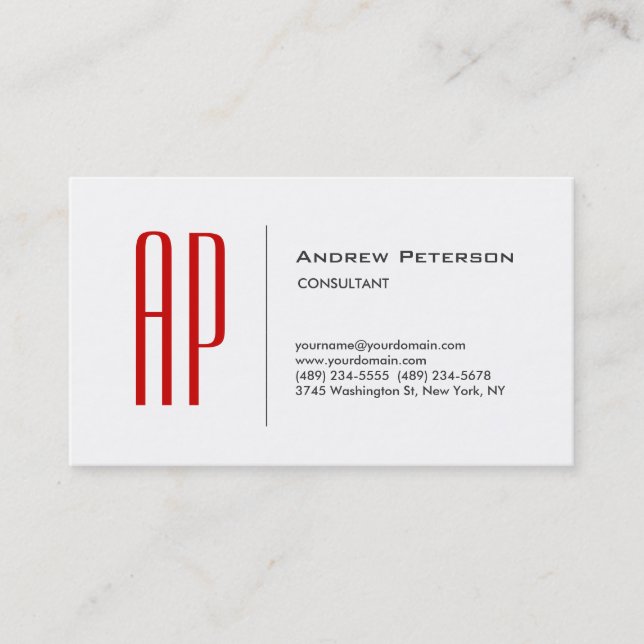 Trendy Plain Red White Grey Monogram Business Card (Front)