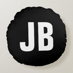 Trendy plain simple bold monogram initials black round cushion