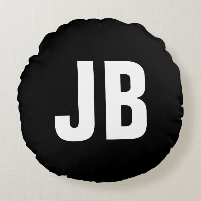 Trendy plain simple bold monogram initials black round cushion (Front)