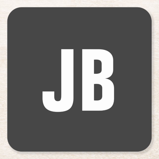 Trendy plain simple bold monogram initials black square paper coaster (Front)