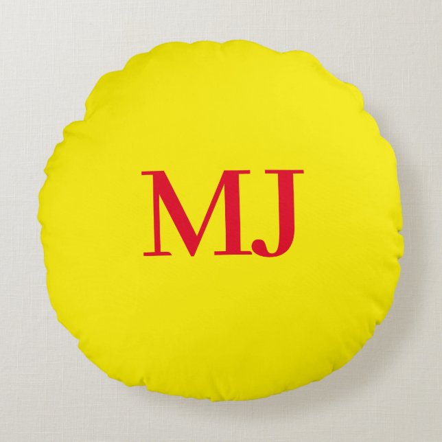 Trendy plain simple yellow red monogram initials round cushion (Front)