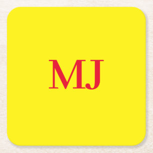 Trendy plain simple yellow red monogram initials square paper coaster