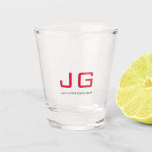 Trendy plain white red monogram shot glass