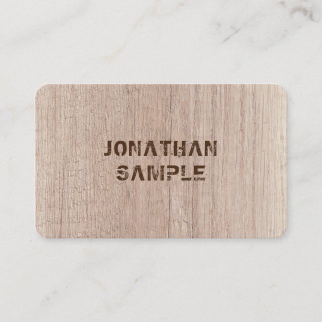 Trendy Plank Board Wood Look Distressed Text Business Card (Front)