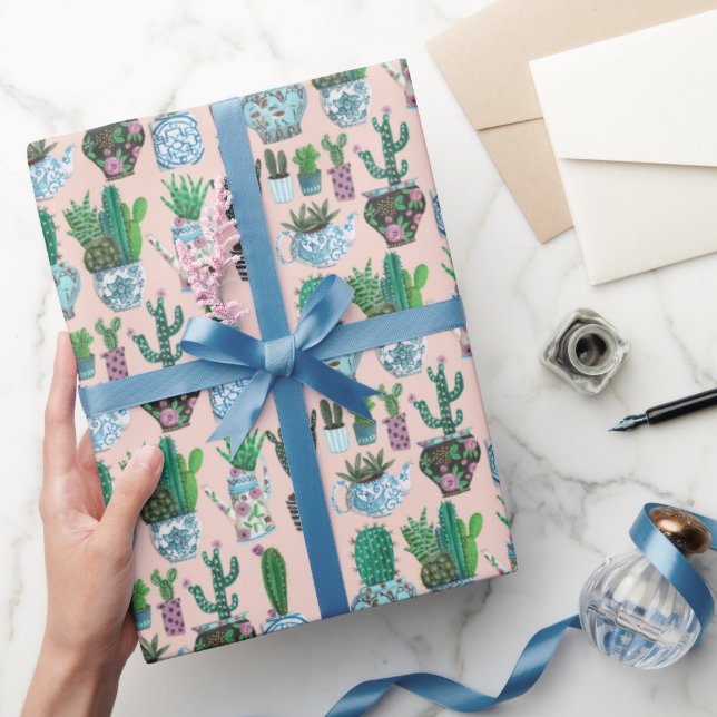 Trendy plant lover cactus succulent cute pink wrapping paper (Gifting)