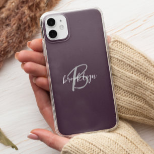 Trendy Plum Purple Grey White Script Monogram  iPhone 11 Pro Case