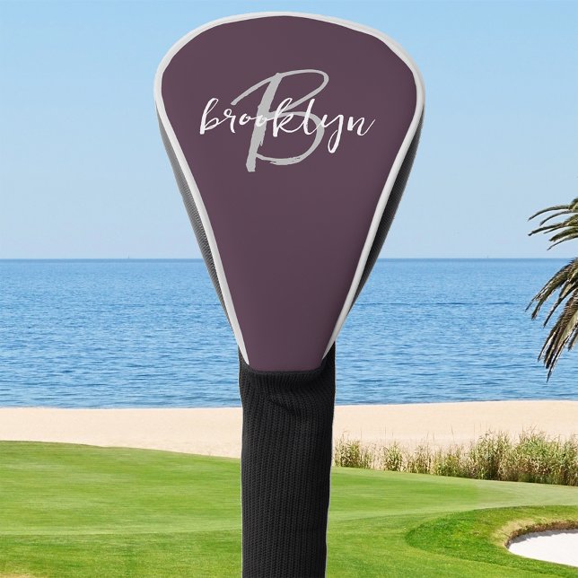 Trendy Plum Purple Grey White Script Monogram  Golf Head Cover (Creator Uploaded)