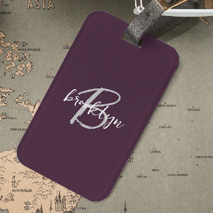 Trendy Plum Purple Grey White Script Monogram  Luggage Tag