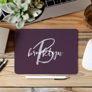 Trendy Plum Purple Grey White Script Monogram  Mouse Mat
