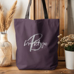Trendy Plum Purple Grey White Script Monogram  Tote Bag<br><div class="desc">This elegant personalised tote bag features a monogram and first name in modern grey and white script on a trendy plum purple background.</div>