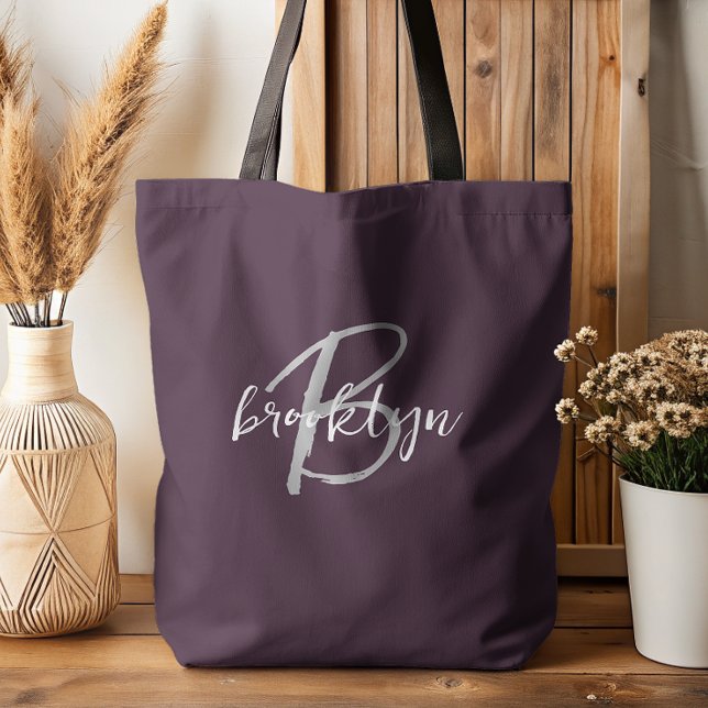 Trendy Plum Purple Grey White Script Monogram  Tote Bag (Creator Uploaded)