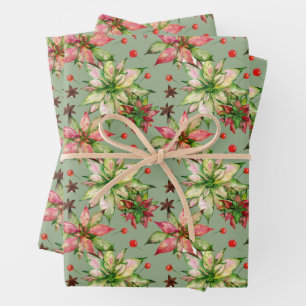 Trendy Poinsettia and Berries Wrapping Paper Sheet