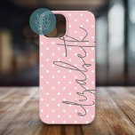 Trendy Polka Dot blush pink script grey name iPhone 15 Case<br><div class="desc">A feminine and girly polka dot design with a name in a handwritten,  calligraphy font.</div>