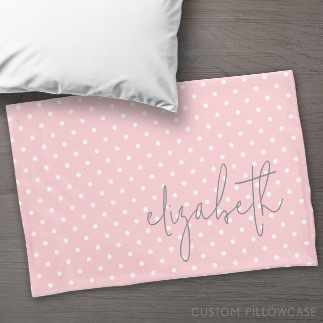 Trendy Polka Dot blush pink script grey name Pillowcase (Custom Pillowcase)