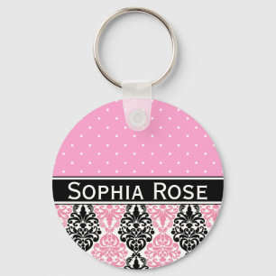 Trendy Polka Dot Damask Pattern with Name Key Ring