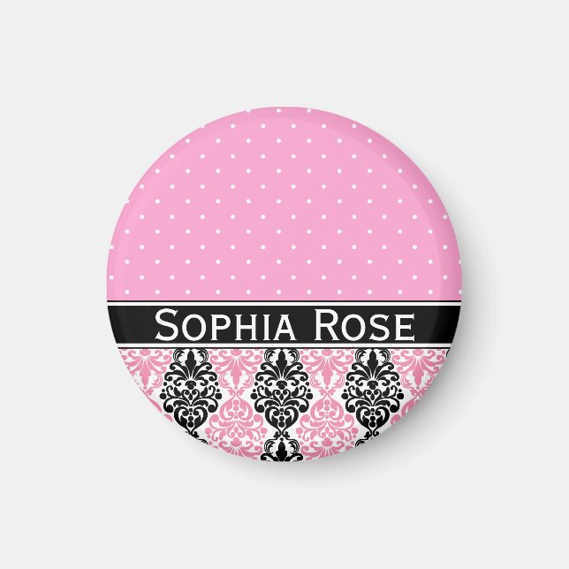 Trendy Polka Dot Damask Pattern with Name Magnet (Front)
