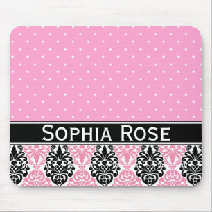 Trendy Polka Dot Damask Pattern with Name Mouse Mat