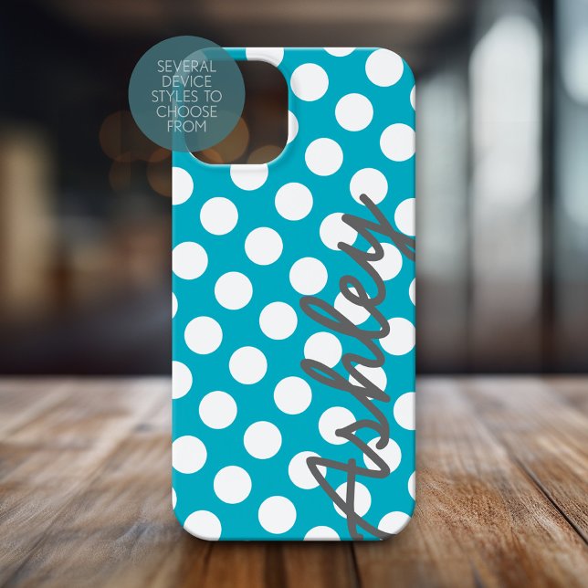 Trendy Polka Dot Pattern with name - blue grey Case-Mate iPhone Case (Personalized Phone Case with Polka Dots and Custom Name)