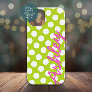 Trendy Polka Dot Pattern with name - green pink iPhone 15 Case