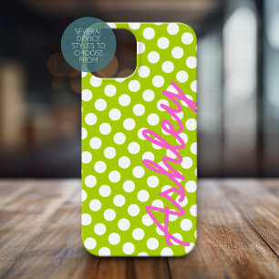 Trendy Polka Dot Pattern with name - green pink iPhone 16 Case