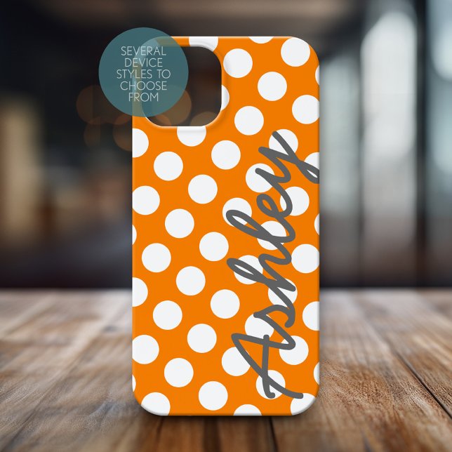 Trendy Polka Dot Pattern with name - orange grey Case-Mate iPhone Case (Personalized Phone Case with Polka Dots and Custom Name)