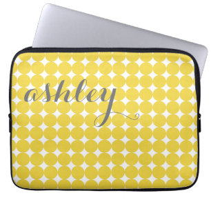 Trendy Polka Dot Pattern with name - yellow grey Laptop Sleeve