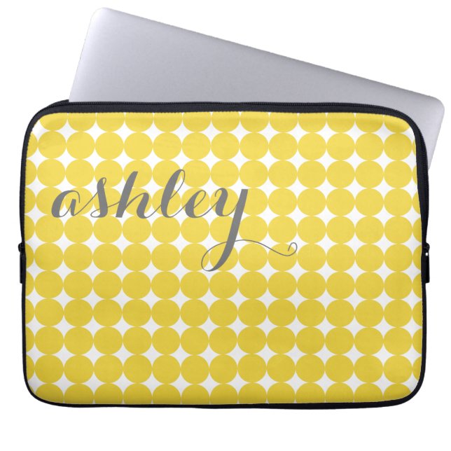 Trendy Polka Dot Pattern with name - yellow grey Laptop Sleeve (Front)