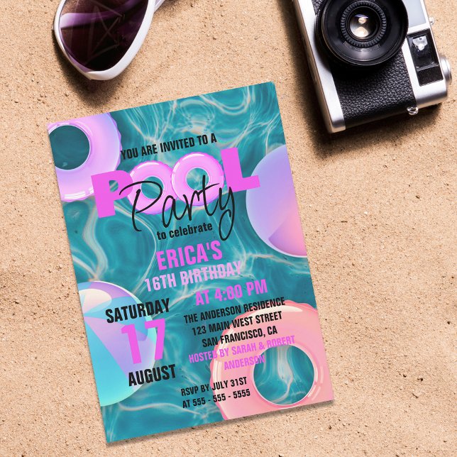 Trendy Pool Party Sweet 16 Birthday Celebration Invitation (Creator Uploaded)