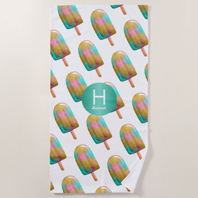 Trendy Popsicle Pattern with Monogram Beach Towel (Front)