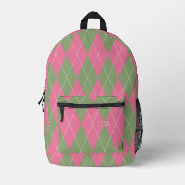 Trendy Preppy Pink Green Argyle Monogram Initials Printed Backpack (Front)