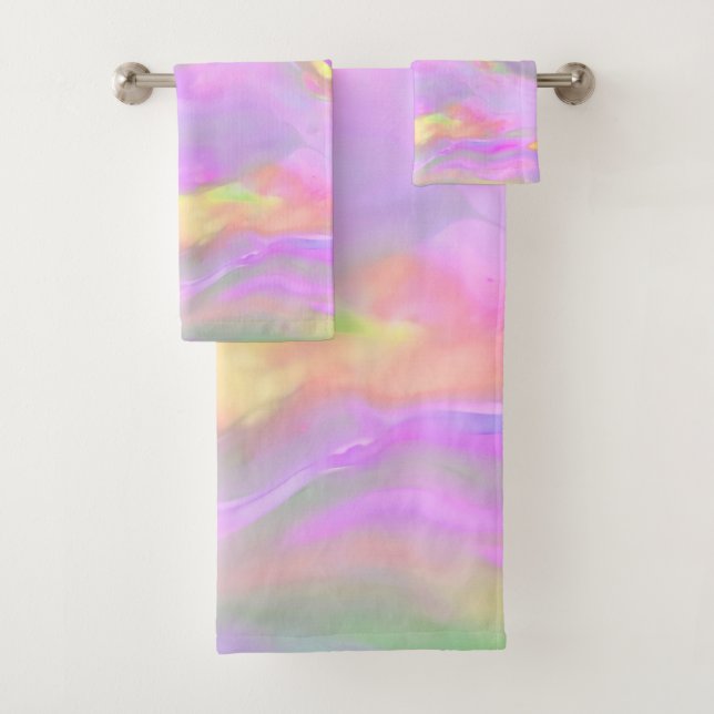 Trendy pretty colourful abstract waves bath towel set (Insitu)