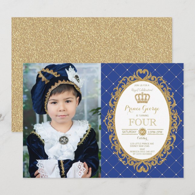 Trendy Prince Birthday Royal Blue Gold Party Photo Invitation (Front/Back)