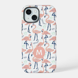 Trendy Princess Flamingo Pattern Monogram iPhone 15 Case