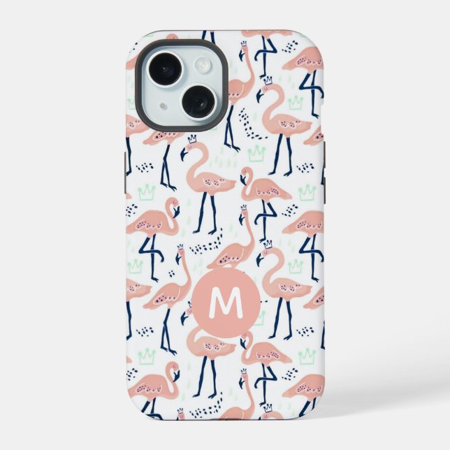 Trendy Princess Flamingo Pattern Monogram iPhone 15 Case (Back)