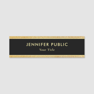 Trendy Professional Elegant Black And Gold Glitter Name Tag