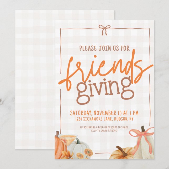 Trendy Pumpkin Bow Plaid Friendsgiving Invitation (Front/Back)