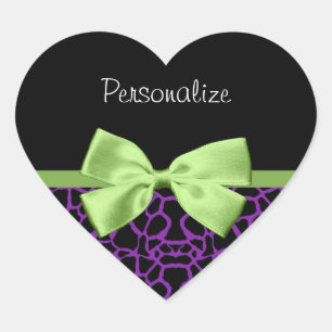 Trendy Purple And Black Giraffe With Green Ribbon Heart Sticker
