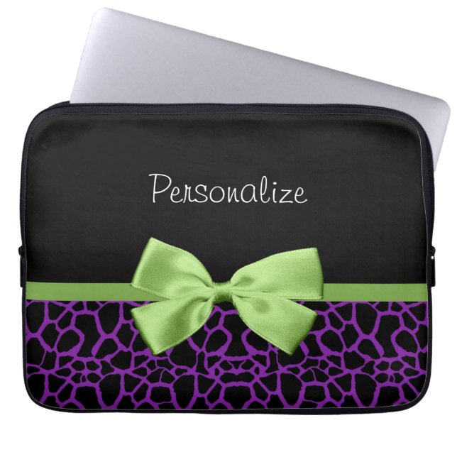 Trendy Purple And Black Giraffe With Green Ribbon Laptop Sleeve (Front)