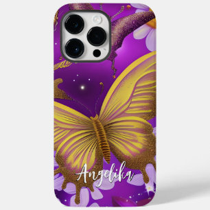 Trendy Purple and Gold Butterfly Custom Name Case-Mate iPhone 14 Pro Max Case
