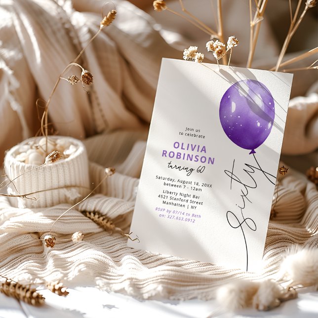 Trendy Purple Balloon 60th Birthday Invitation (Creator Uploaded)