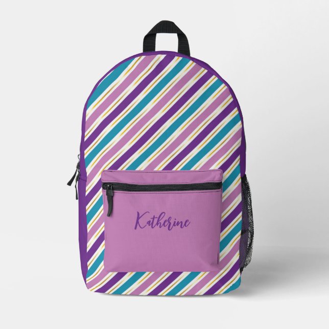 Trendy Purple & Blue Stripes – Personalised Name Printed Backpack (Front)