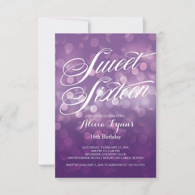 Trendy Purple Bokeh Lights Sweet Sixteen Party Invitation (Front)