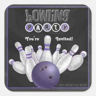 Trendy Purple Bowling Party Invite Sticker