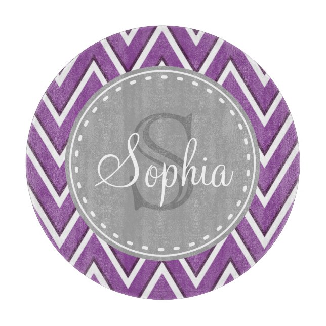 Trendy Purple Chevron Pattern Grey Monogram Cutting Board (Front)