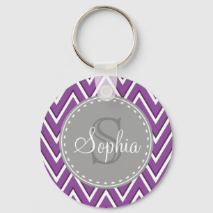 Trendy Purple Chevron Pattern Grey Monogram Key Ring