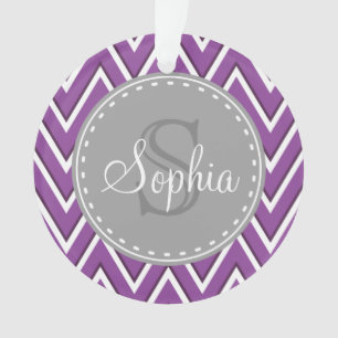 Trendy Purple Chevron Pattern Grey Monogram Ornament