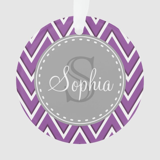 Trendy Purple Chevron Pattern Grey Monogram Ornament (Front)