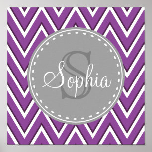 Trendy Purple Chevron Pattern Grey Monogram Poster