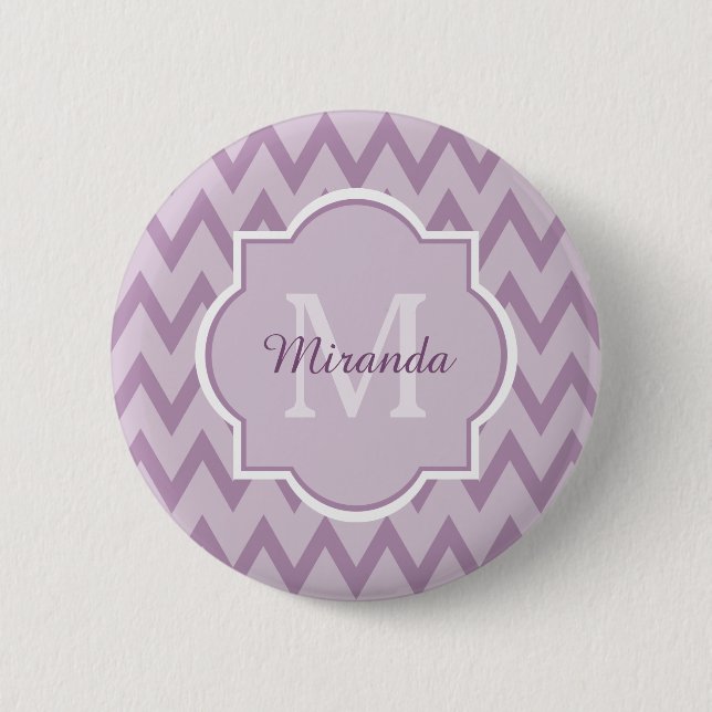 Trendy Purple Chevron Zigzag Name and Monogram 6 Cm Round Badge (Front)