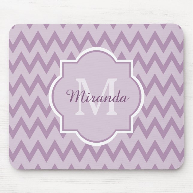 Trendy Purple Chevron Zigzag Name and Monogram Mouse Mat (Front)